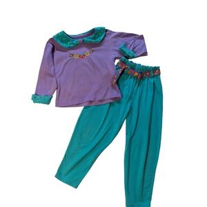Vintage 90s Kids Purple Teal 2 Piece Set Embroidered Top Paperbag Waist Pants
